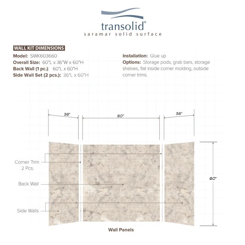 Transolid SaraMar 60'' W 36'' D 60'' H Glue Up Solid Surface Wall