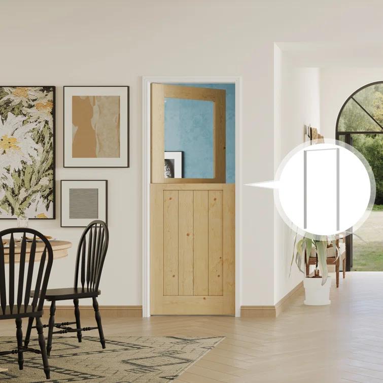 DOOOLI Dutch Door- Half Transpatent Glass+Natural Pine Wood Interior Door Prehung Slab Doors With Door Frame（No pre-drilled holes)