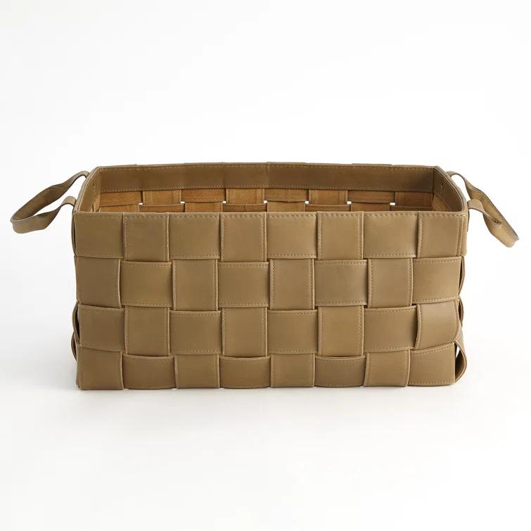 Global Views Soft Woven Leather Basket-Putty