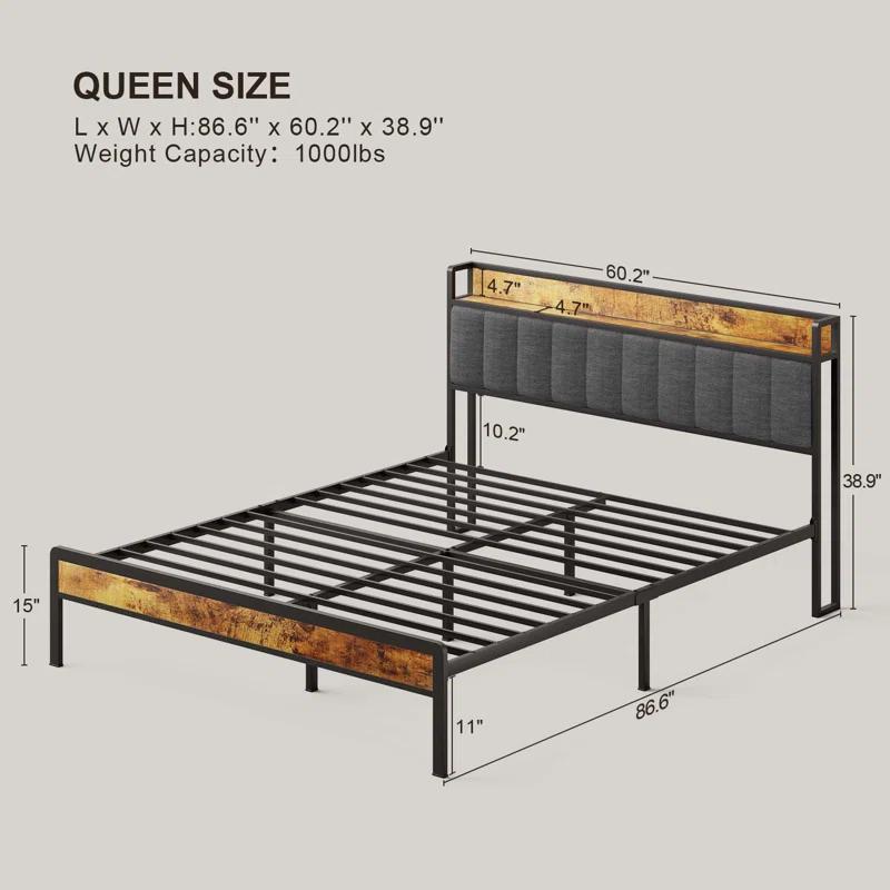 17 Stories Kewarra Platform, Metal Bed Frame with Storage Headboard, Sturdy and Stable