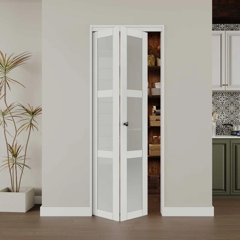 EASELIFE Frosted Glass And Solid Manufactured Wood Bi-Fold Door With Installation Hardware Kit