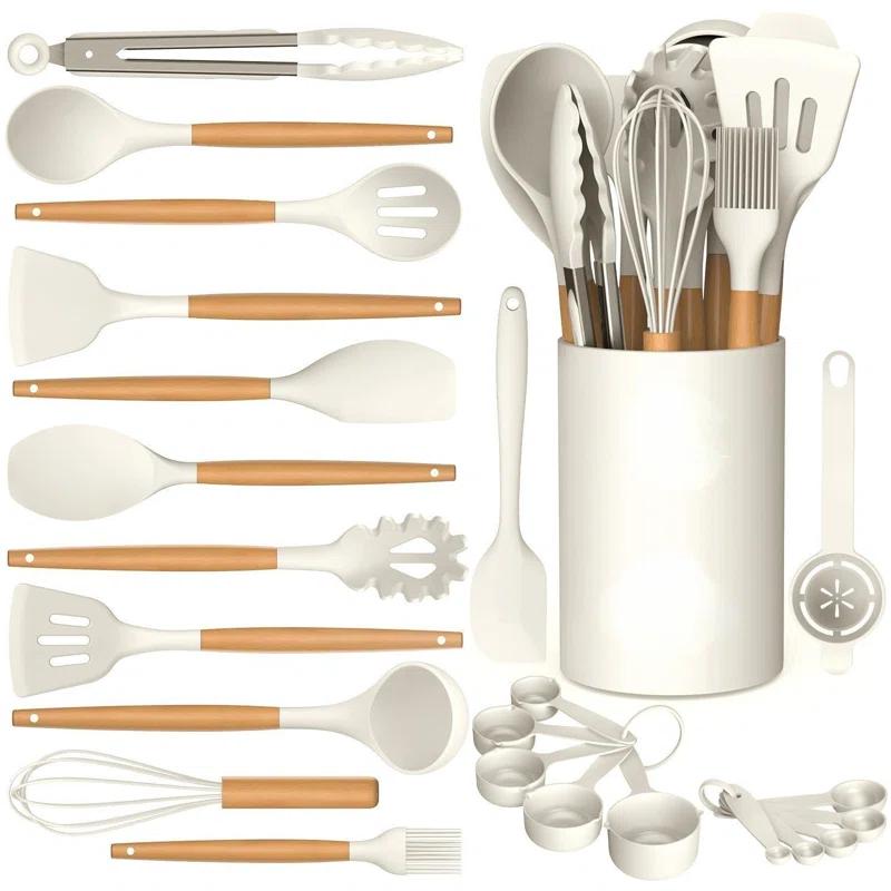 FAST APPLIANCES LLC Silicone Cooking Utensils Set - Silicone Kitchen Utensils For Cooking Wooden Handles, 446°F Heat Resistant Kitchen Utensil Spatula Sets W Holder, Gadgets For Non-Stick Cookware BPA FREE (Cream White)