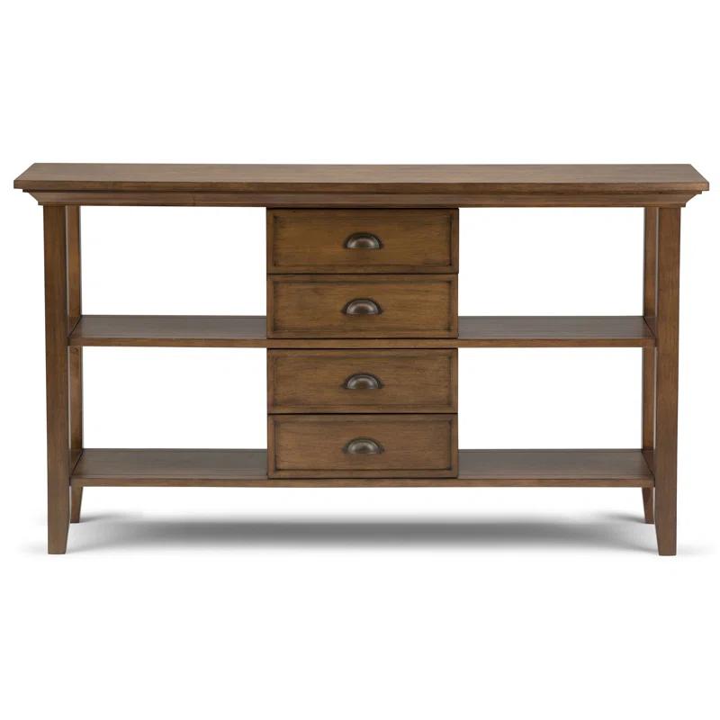Simpli Home Redmond 54"W Solid Wood Storage Console Table with 4 Center Drawers and Open Shelves