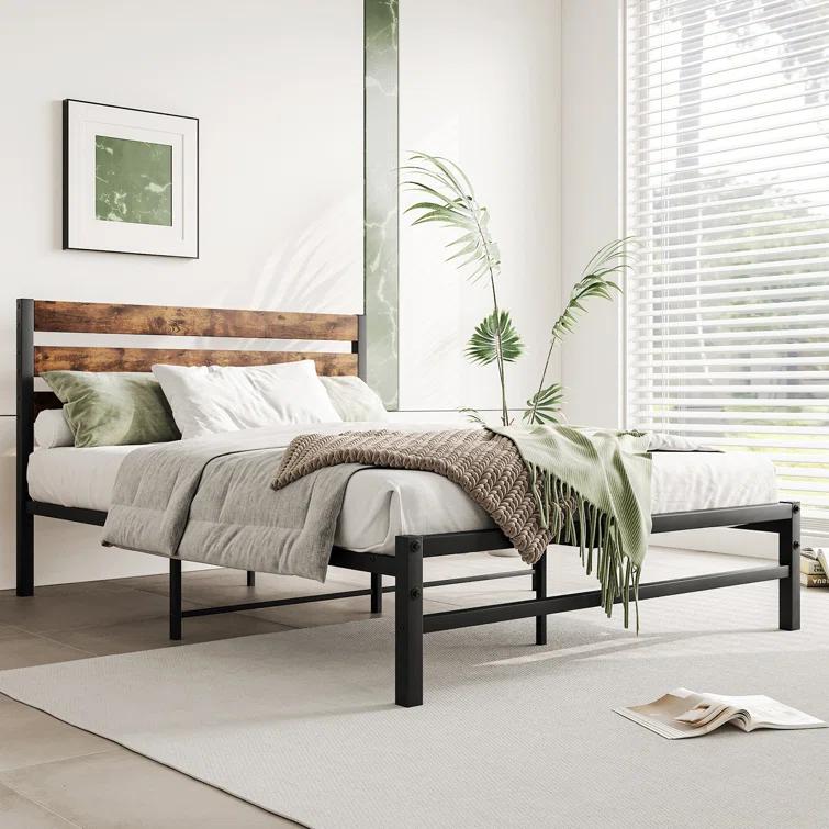 Ebern Designs Doiphode Full Size Platform Bed Frame with Rustic Vintage Wood Headboard,  No Box Spring Needed Rustic Brown