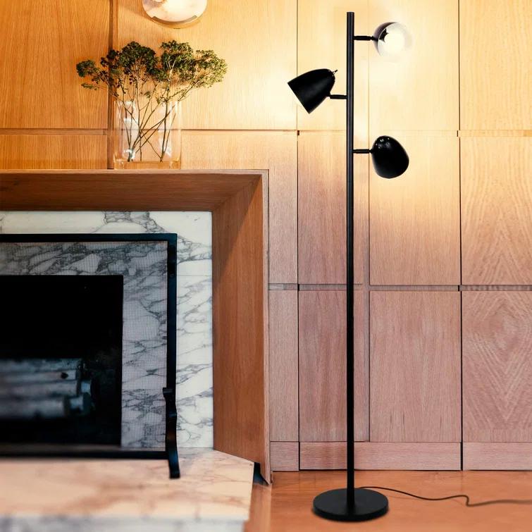 Brightech Jacob 64" Modern 3-Light Adjustable LED Floor Lamp with Black Finish and Metal Cone Shades, Bulbs Included