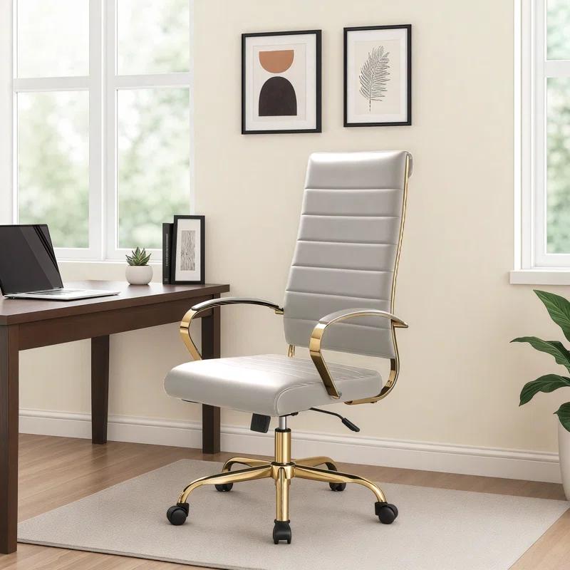 Everly Quinn Humairaa Leather Office Chair – Executive Task Chair with Swivel, Adjustable Height & Gold Base for Home Office or Conference Room