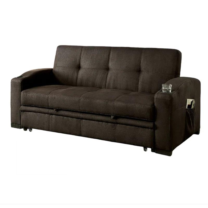 Benjara Futon Sofa, Brown Fabric Upholstery, Pull Out Base, Button Tufting