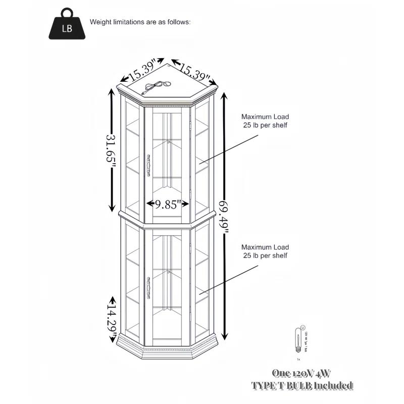 Lipoton Corner Curio Cabinet Lighted Corner Display, Glass Display Shelf Shelving Bar Cabinet With Tempered Glass Door, Bar Cabinet,Cabinet With Adjustable Shelf Glass Cabinet Shelves Bead Bulb Included