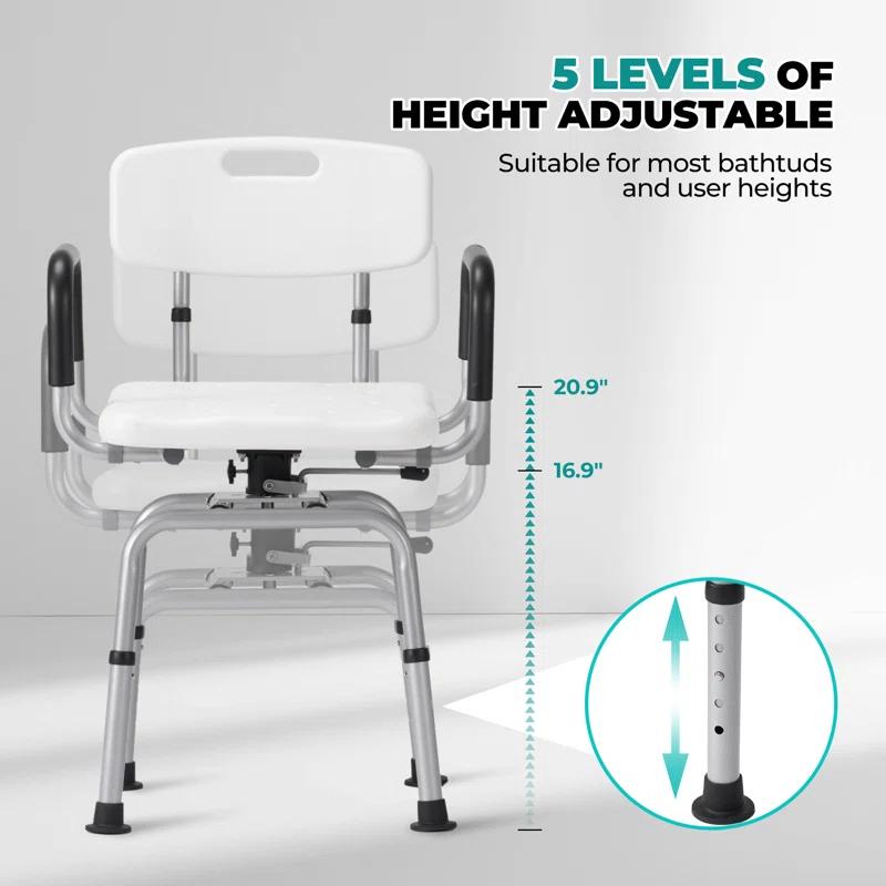 MARNUR 360 Degree Swivel Shower Chair, Adjustable Height Rotating Seat Bathtub Chair With Armrests And Back, White DR3194