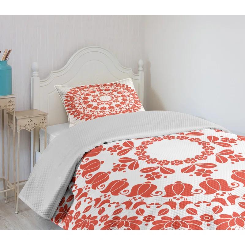 Ambesonne Ambesonne Mandala Bedspread Set Hungarian Round Folk Art White and Vermilion
