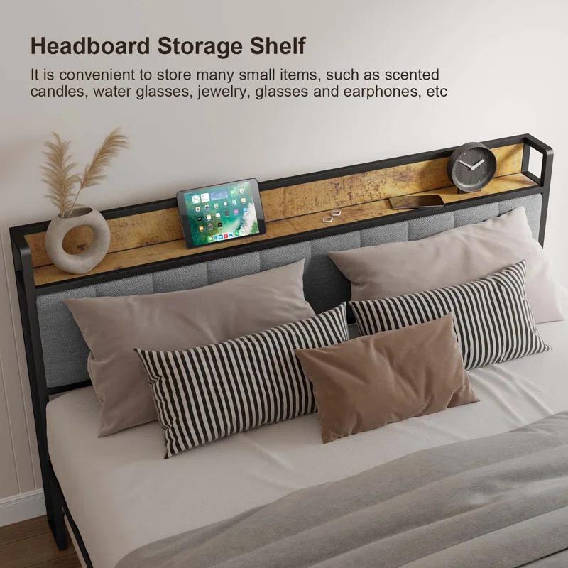 17 Stories Kewarra Platform, Metal Bed Frame with Storage Headboard, Sturdy and Stable