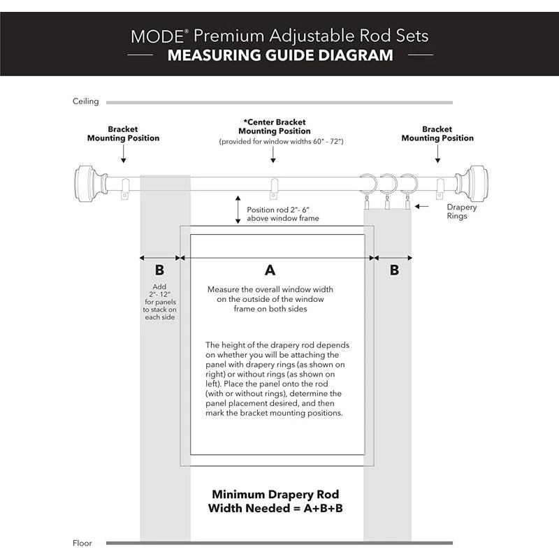 MODE Mode Premium Collection 1 Diameter Curtain Rod Set with Modern Ball Finials and Steel Wall Mounted Adjustable Rod