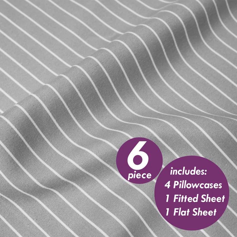 Sweet Home Collection 6 Piece Loft Pin Stripes Printed Sheet Set, Deluxe Ultra Soft, Double Brushed Microfiber