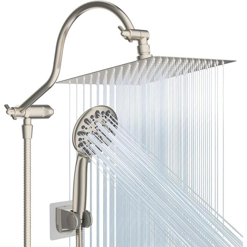 10'' High Pressure Rainfall Shower Head/Handheld Showerhead Combo with 12'' Adjustable Curved
