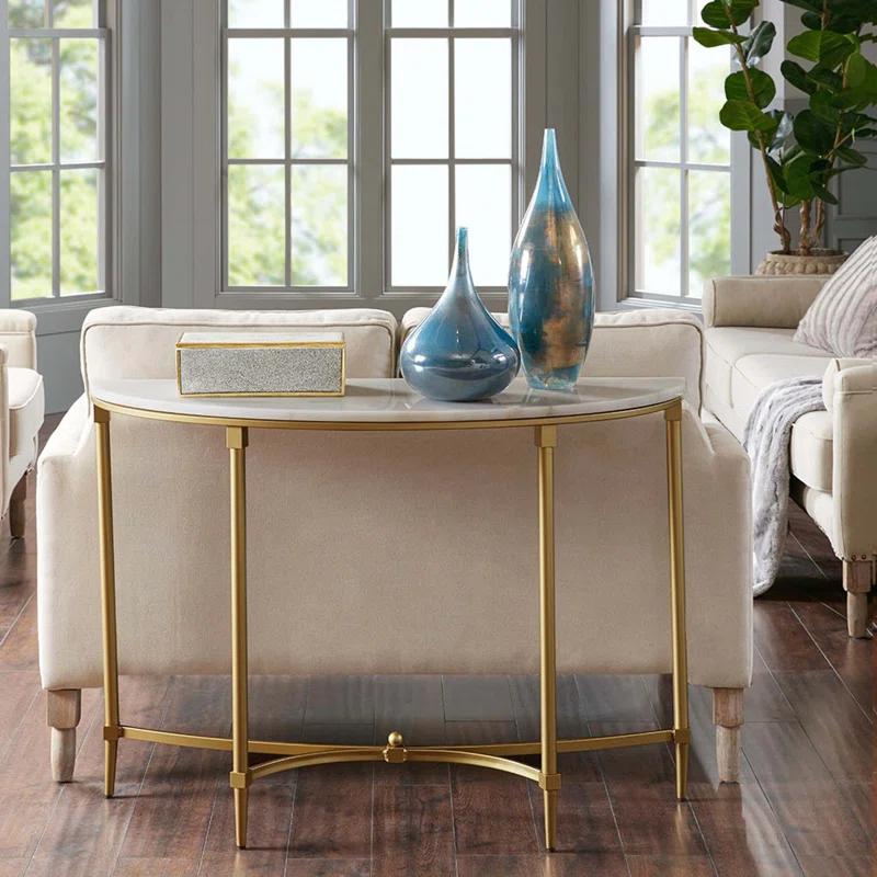 Bordeaux Marble Top Half-Moon Gold Metal Console Table
