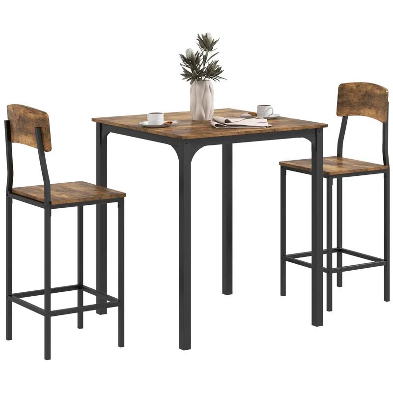 17 Stories 3 Piece Square Industrial Small Dining Table Set, Bar Table and Chairs Set, Rustic Brown and Black