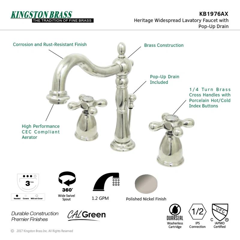 Kingston Brass Heritage Two-Handle 3-Hole Deck Mount Widespread Bathroom Faucet with Pop-Up Drain