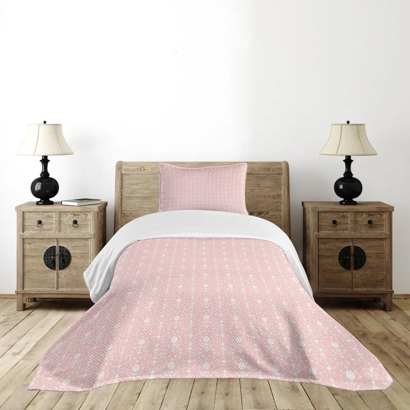 Ambesonne Flowers Bedspread Set Vintage Damask Home Pale Pink White