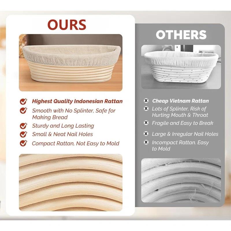 Bread Banneton Proofing Basket Set Of 2, 9 Inch Round & 10 Oval Cane Sourdough Baskets With Lame + Dough Scraper Linen Liner Basting Brush For Making Baking Fermentation