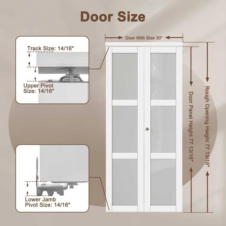 EASELIFE Frosted Glass And Solid Manufactured Wood Bi-Fold Door With Installation Hardware Kit
