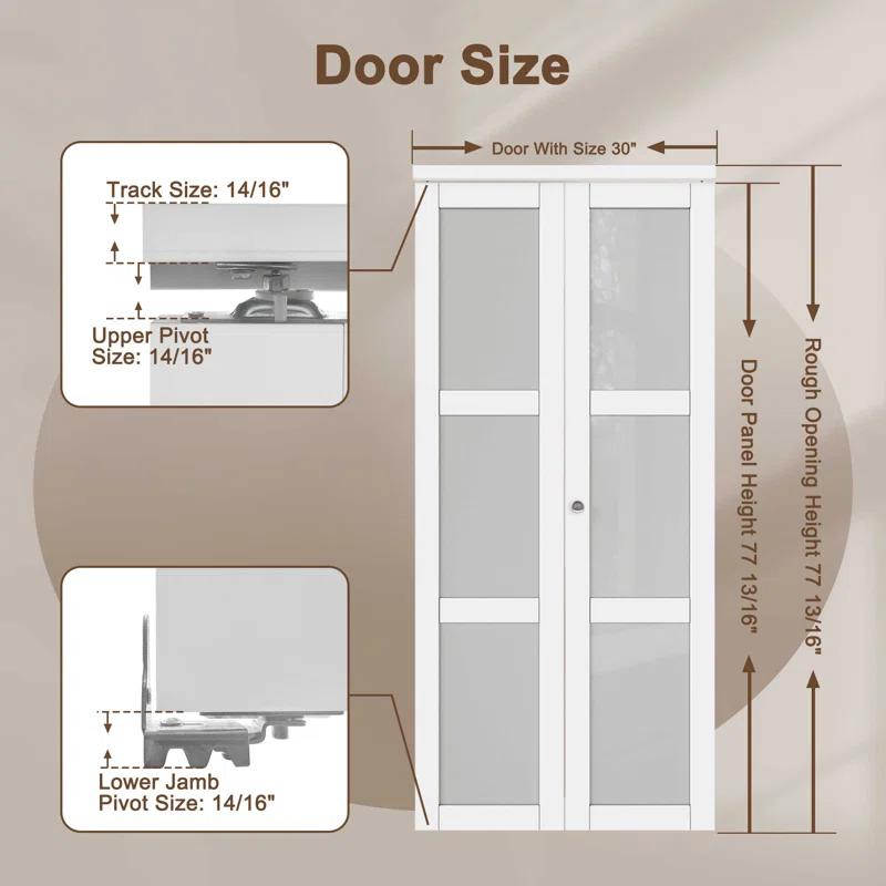 EASELIFE Frosted Glass And Solid Manufactured Wood Bi-Fold Door With Installation Hardware Kit