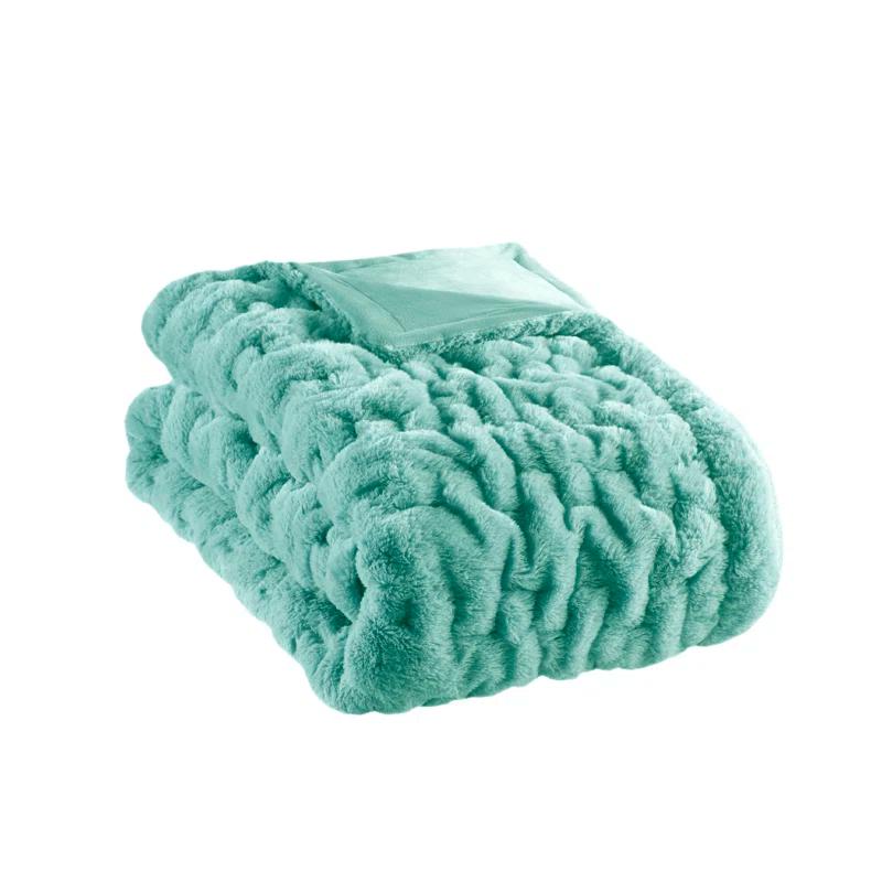 Madison Park Aqua Ruched Fur Throw 50x60"
