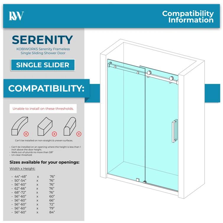KOBIWORKS Kw03 60 In. W X 76 In. H Single Sliding Frameless Shower Door With 3/8 In. Clear Glass KW036076BL