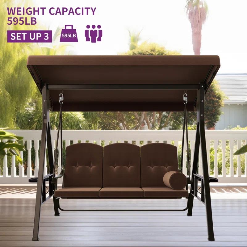 Arlmont & Co. 3-Person Porch Swing with Cup Holders with Removable Cushions and Convertible Canopy