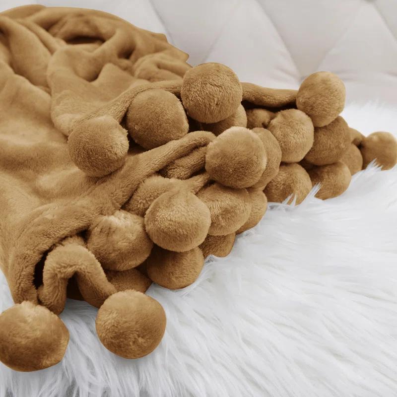 Home Soft Things Flannel Fleece Pom Pom Blanket