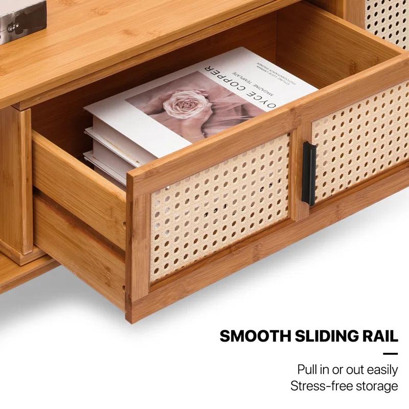 MoNiBloom Bamboo TV Stand with Storage Cabinet, 54" to 82.5" Extendable Length TV Console for Home Living Room