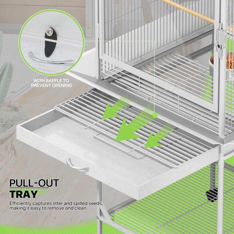 Bring Home Furniture Open Top Bird Cage with Play Area Removable Tray Wooden Perches, and Wheels Suitable for Small Birds Like Budgies Cockatiels and Parakeets