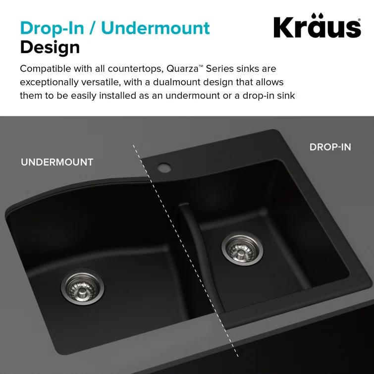 Kraus KRAUS Quarza™ 33" L Dual Mount 60/40 Double Bowl Granite Kitchen Sink and Strainers KGD-442GREY-PST1-GR