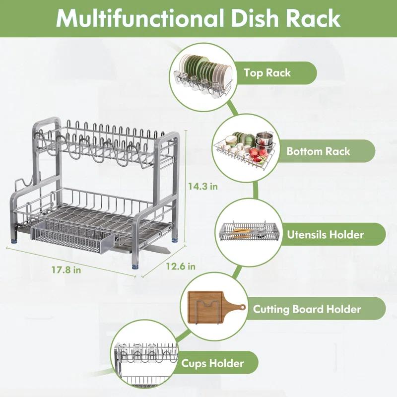 EDGAR'S FURNITURE MANUFACTURING INC Dish Drying Rack And Drainboard Set, 2 Tier Stainless Steel Dish Rack For Kitchen Counter, Large Dish Strainer Organizers With Cups Holder, Utensil Holder