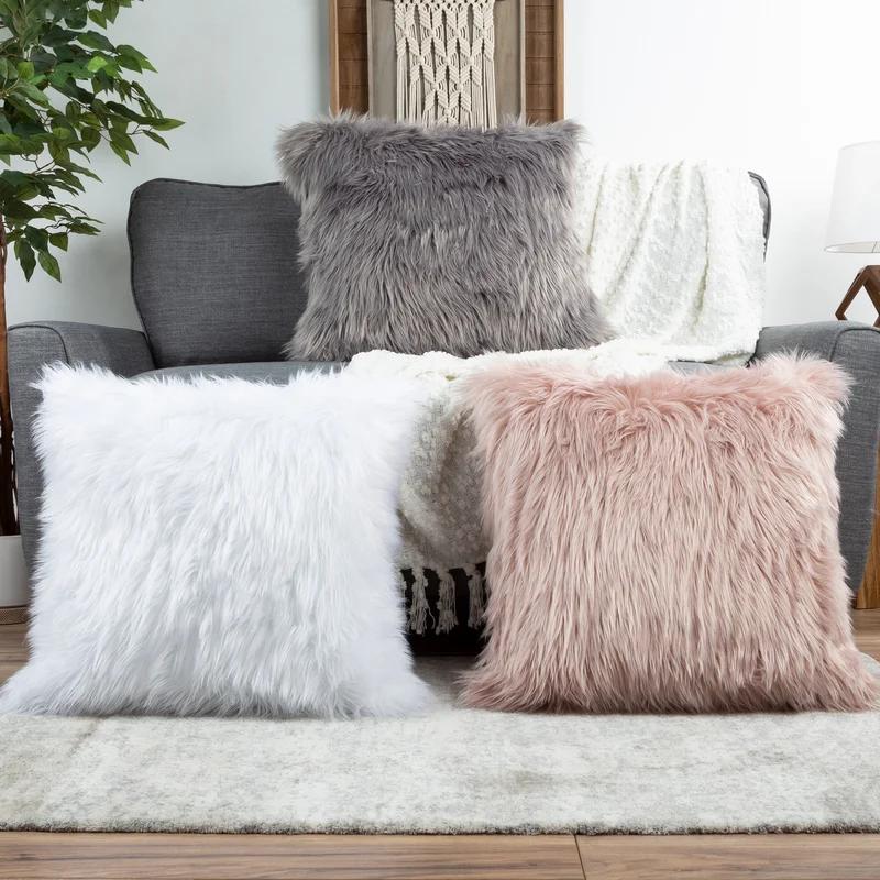 22'' White Faux Fur Square Pillow Set with Suede Back