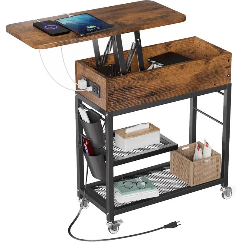 17 Stories Lift-Top End Table With Charging Station, Sofa Side Table, Nightstand With Wheels And USB Ports For Living Room, Bed Room, Study