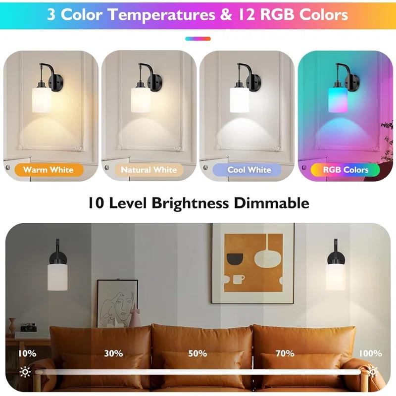 Latitude Run® Battery Operated Wall Sconce Set Of 2, Wireless Rechargeable Wall Lights, Glass Wall Lamps With Remotes And Dimmable RGB LED Bulbs, No Wiring Indoor Sconces Wall Decor For Bedroom Living Room Hallway