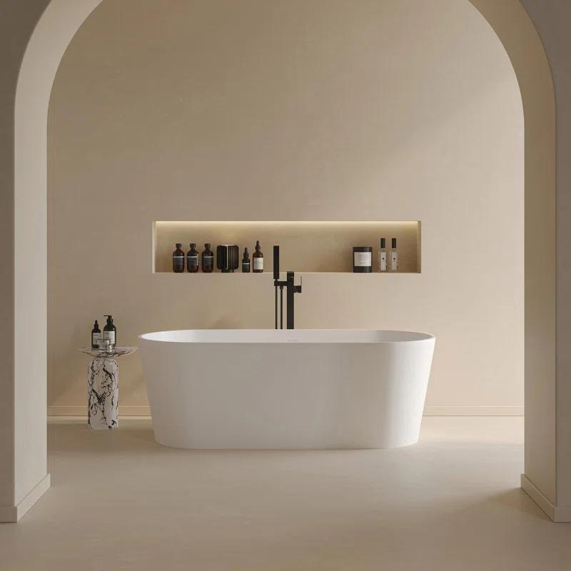 63 x 29.5 Freestanding Bathtub, Oval Shaped Stone Resin Freestanding Tubs, Solid Surface Matte White Soaking Tub with Overflow and Pop-up Drain