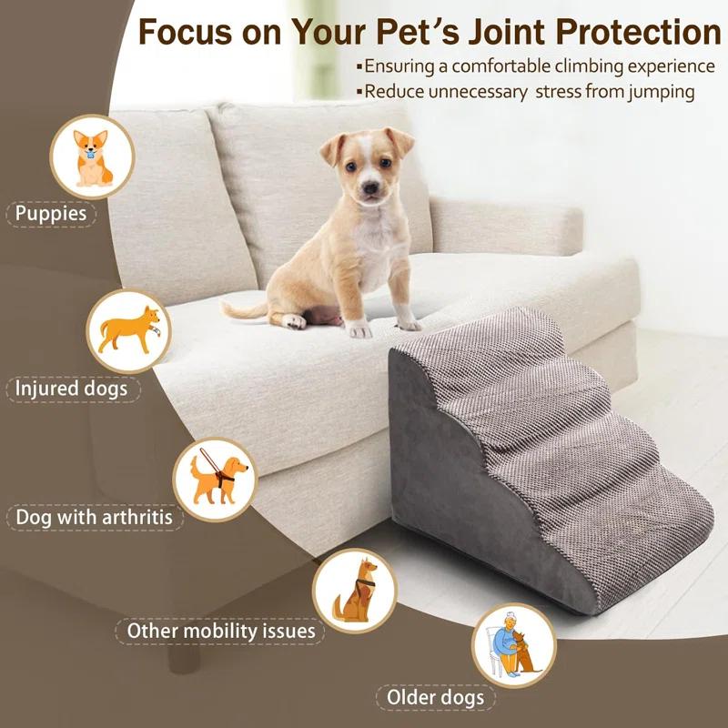 4 Steps Dog Stairs For Small Dogs, 18.5 Inch High, 30D Foam Dog Dtairs And Steps, Curved Steps