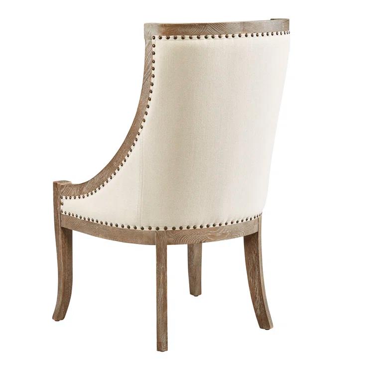 Transitional Soft Driftwood Linen Side Chair with Brass Nail Heads