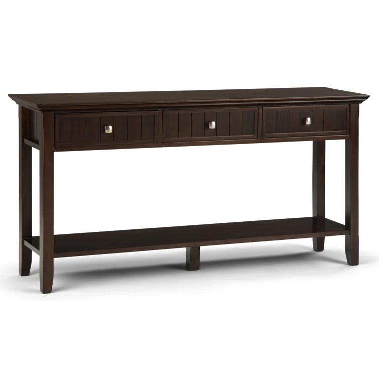 Simpli Home Acadian 60"W Solid Wood Wide Storage Console Table in Brunette Brown with Three Drawers and Open Shelf