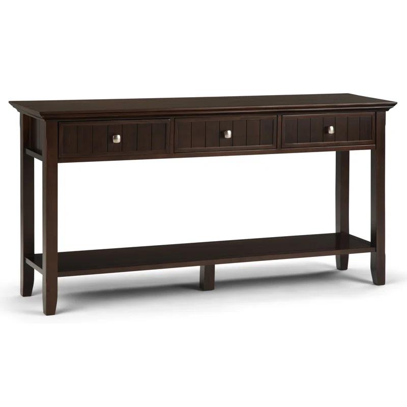 Simpli Home Acadian 60"W Solid Wood Wide Storage Console Table in Brunette Brown with Three Drawers and Open Shelf