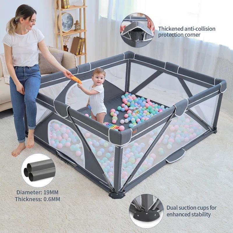 Yobear Foldable Baby Playpen, Yobear Playpen For Babies And Toddlers With 50 Pcs Ocean Balls & 2 Handles, Indoor & Outdoor Kids Safety Play Pen Area, Portable Travel Play Yard