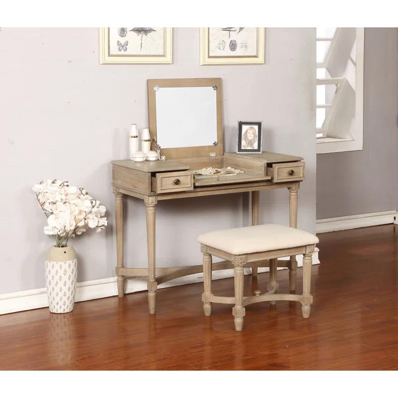 Kelly Clarkson Home June Natural Two Drawer Flip Top Vanity Set with Stool
