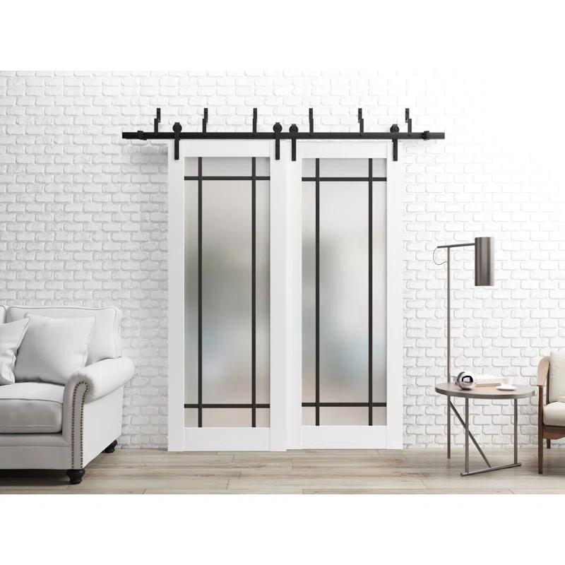 SARTODOORS Sliding Closet Frosted Glass Barn Bypass Doors With Hardware | Planum 2112 | Sturdy 6.6Ft Rails Hardware Set | Modern Wood Solid Bedroom Wardrobe Doors-Frosted Glass
