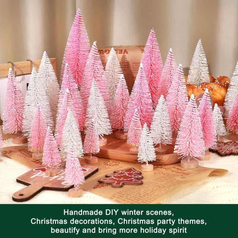 The Holiday Aisle® 30Pcs Mini Christmas Trees Artificial Christmas Tree Bottle Brush Trees With Wooden Base For Christmas Decor Christmas Party Home Table Craft Decorations