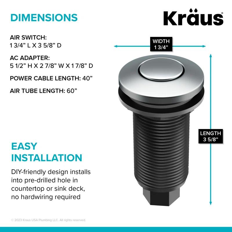 Kraus KRAUS Garbage Disposal Air Switch Kit with Push Button, AC Adapter, Power Cord, and Air Tube Included