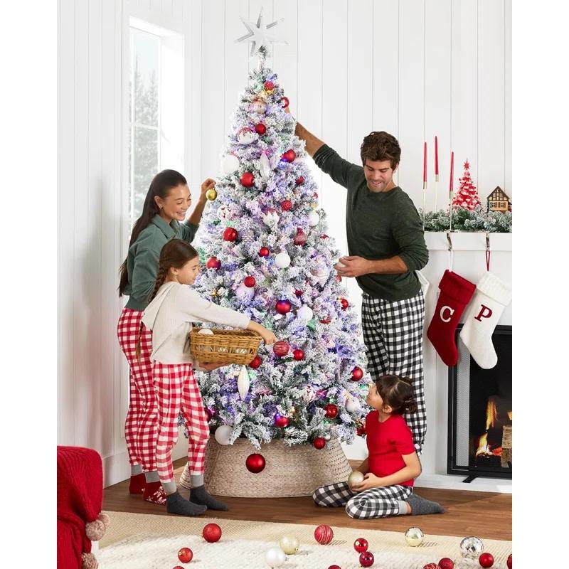 The Holiday Aisle® The Pre-Lit Artificial Christmas Tree Snow Flocked Pine Tree, Multicolor LED Lights