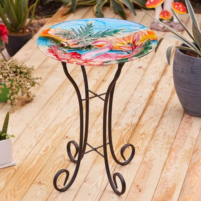 Flamingo Sunset Glass Bird Bath with Metal Stand