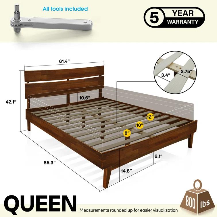 Acacia Acacia Aurora Premium Solid Wood Platform Bed Frame and High Headboard, King Bed Frame with Headboard Included, Mid Century Modern Bed with 5 years Warranty