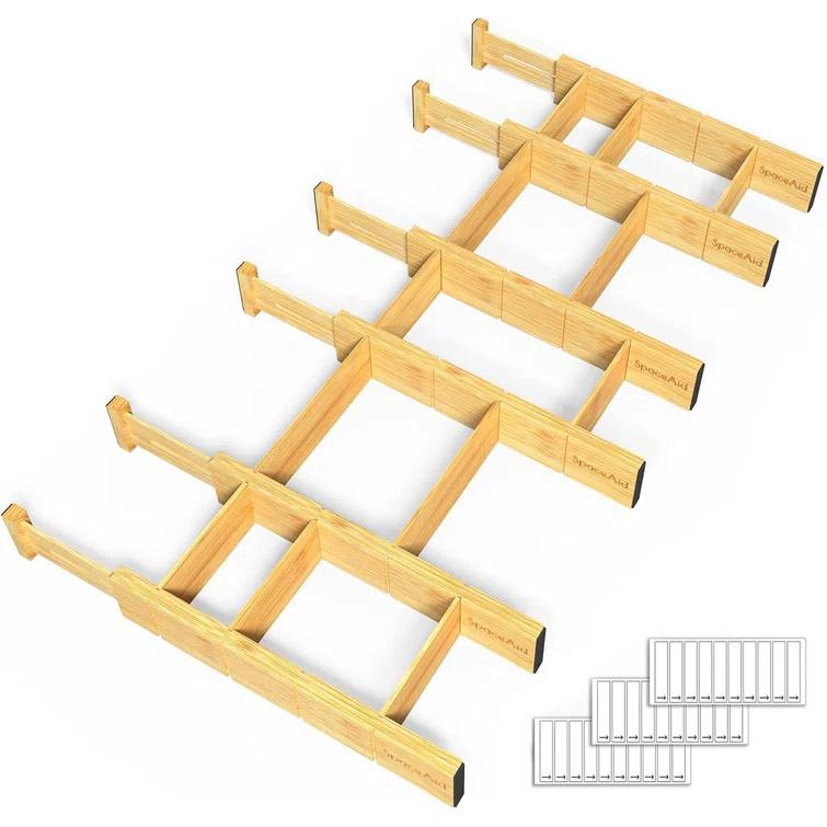 Set of 6 Bamboo Expandable Drawer Dividers with Labels,with 12 Inserts (13.25-17in)